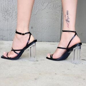 Women Black Square Toe Clear Block High Heel Sandals